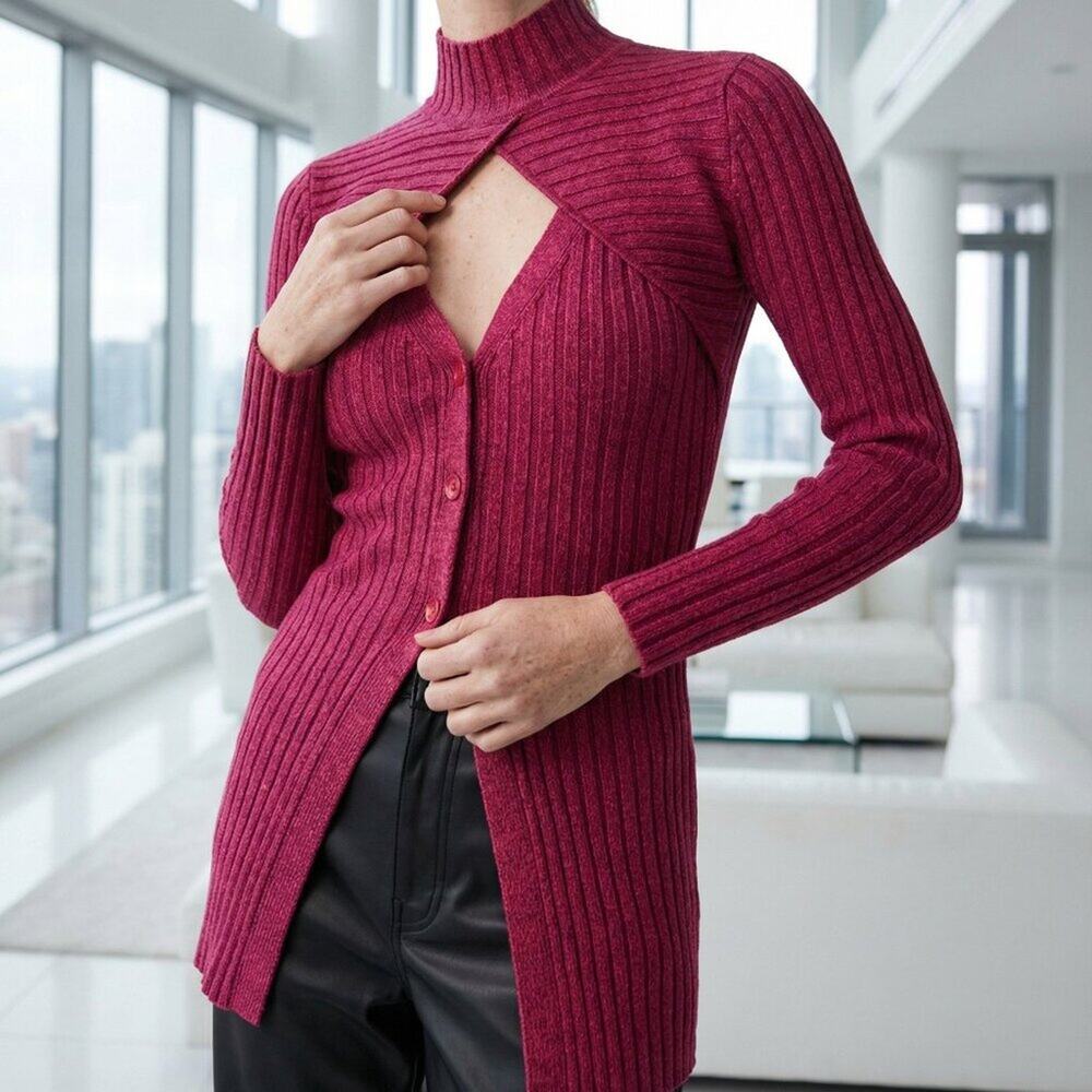 $368 RONNY KOBO Garner knit cardigan top XS berry burgundy red